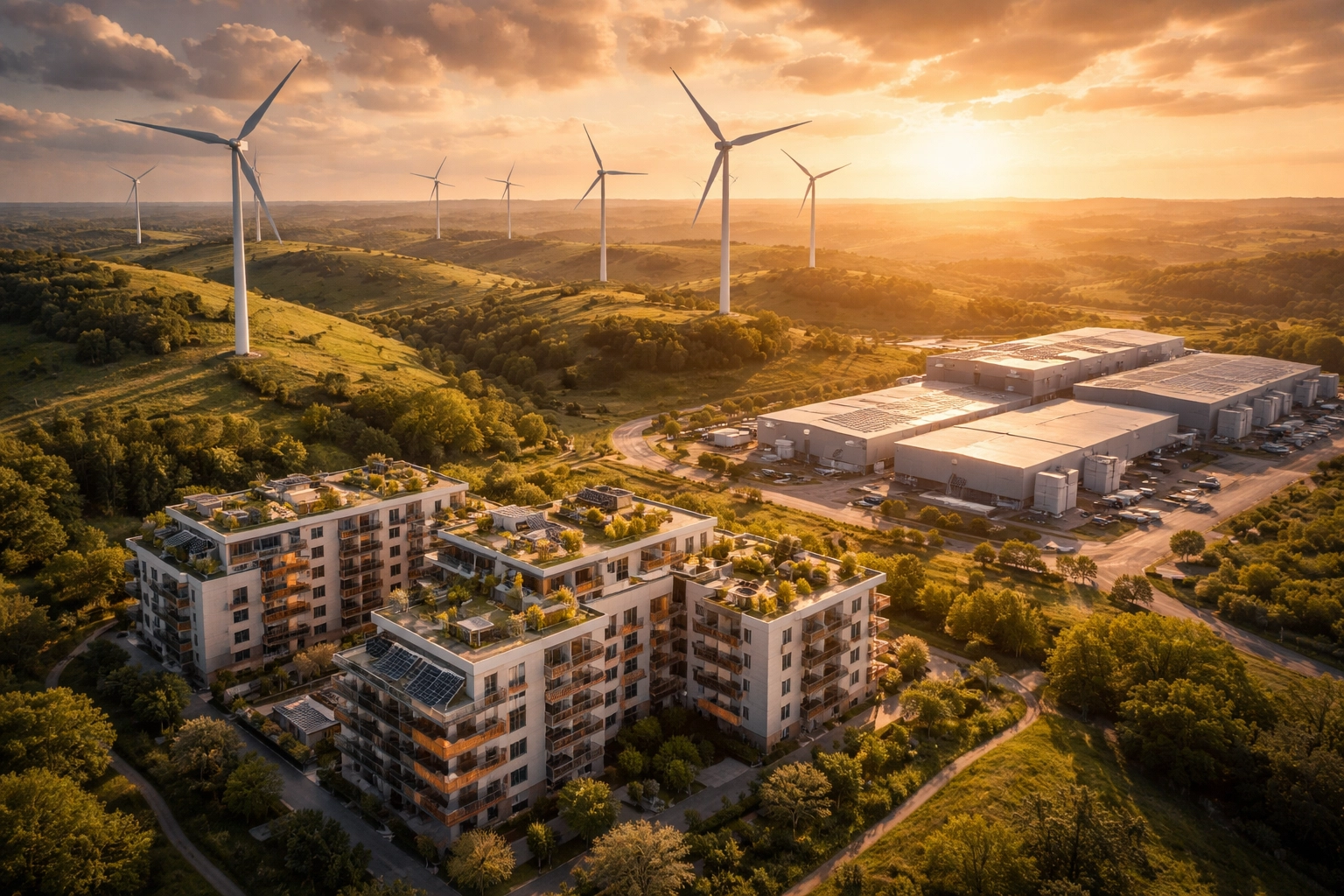 Aerial view of real assets including wind farm, apartments, and industry symbolizing alternative investments