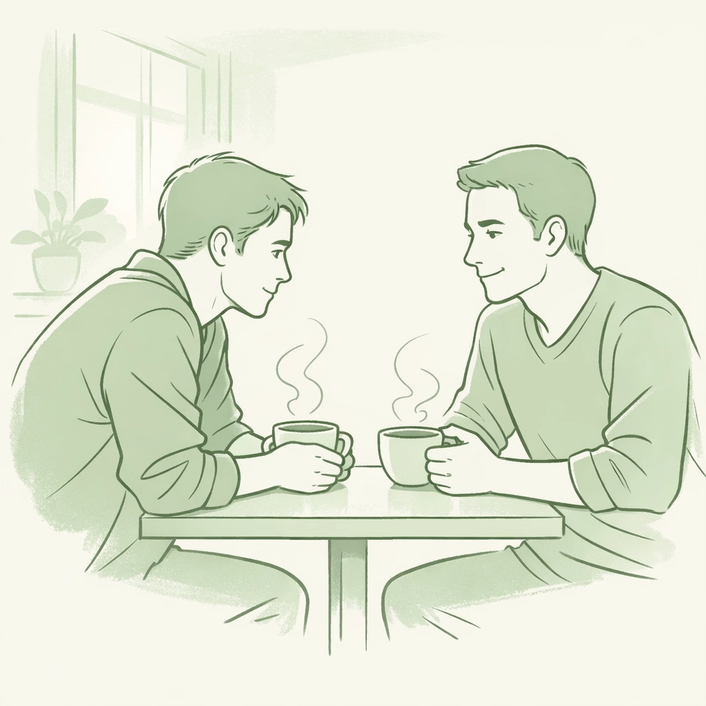 Two men on coffee date in MM romance The Echo of the Encounter