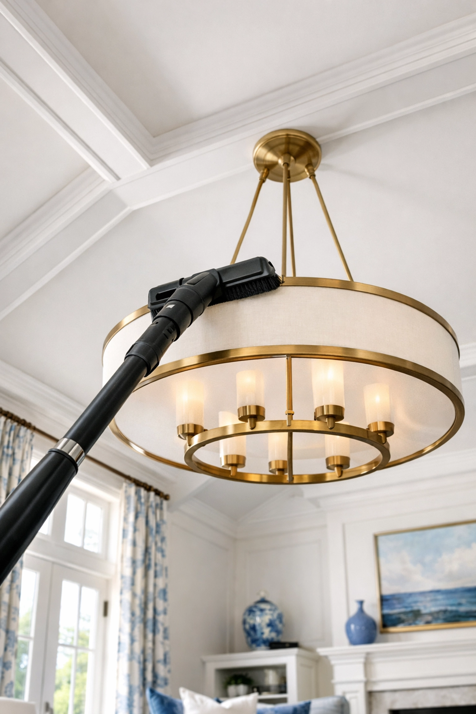 Top-down post-construction cleaning in Hudson using a HEPA vacuum on a high-end living room light fixture.