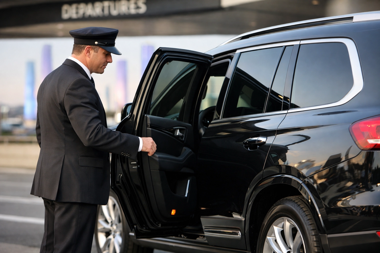 Professional chauffeur opening luxury SUV door at LAX terminal for Costa Mesa airport transfer