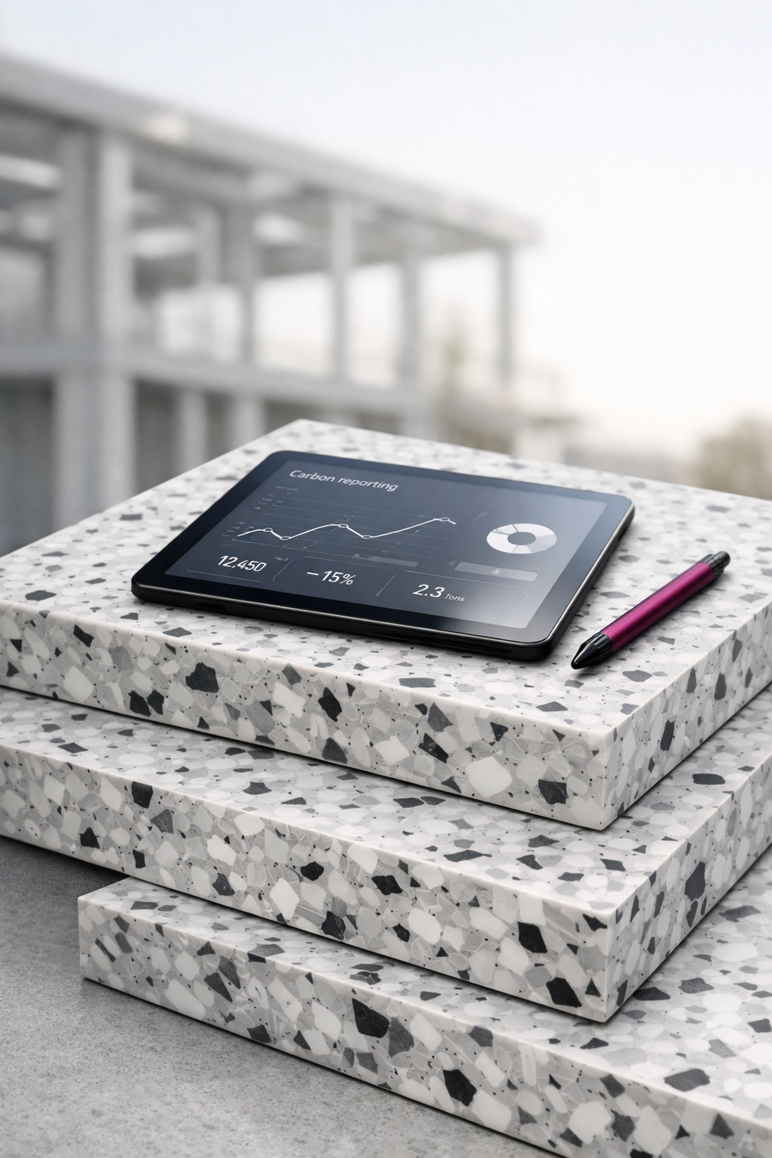 Sustainable recycled plastic panels with a tablet tracking embodied carbon reporting for NABERS ratings.