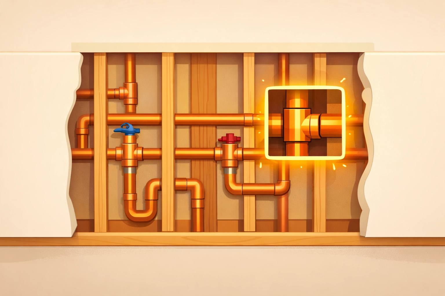 Construction photo documentation of plumbing pipes behind a wall for job records.