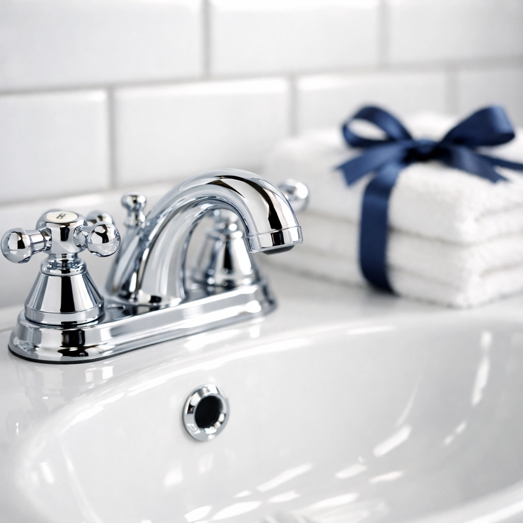 Spotless bathroom with a polished chrome faucet, illustrating high-end apartment cleaning Boston standards.
