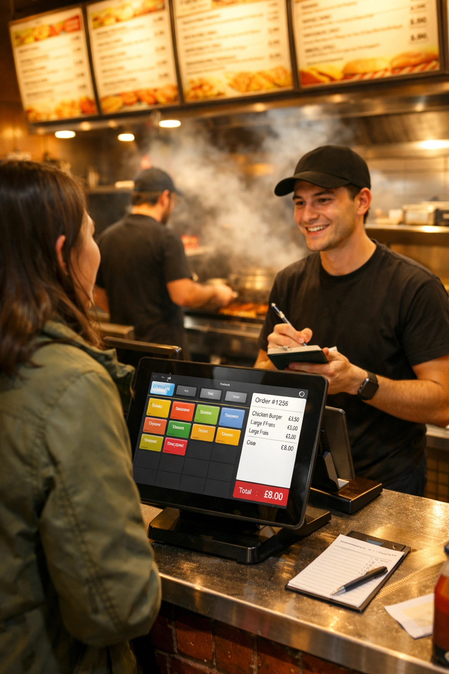 Staff member using tablet POS system at busy UK takeaway counter during evening service