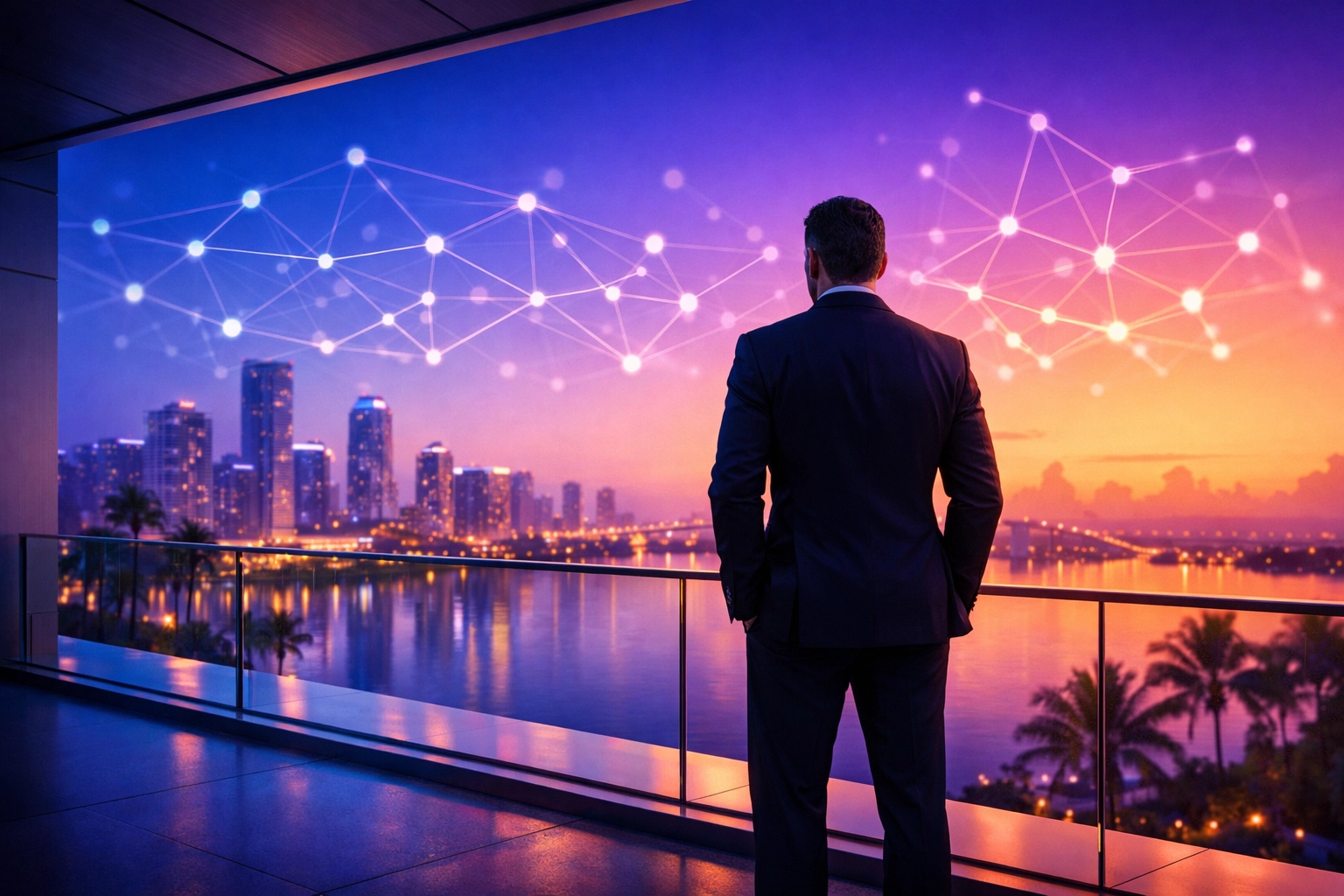 A fractional CMO overlooking a South Florida cityscape, illustrating the shift to AI-driven search and human wisdom.