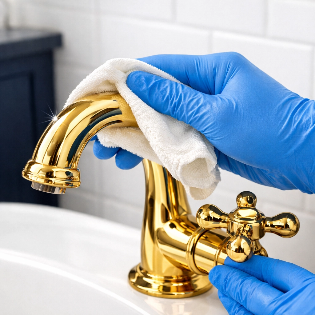 Professional cleaners detailing a gold bathroom fixture during deep cleaning in Winchester.