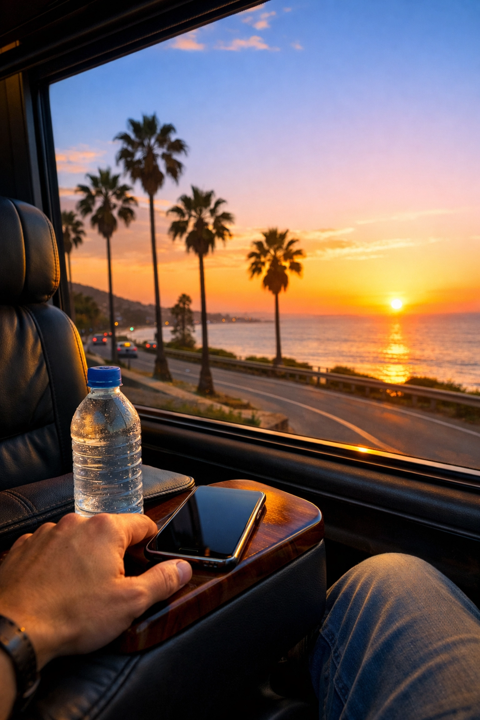 Interior view of a luxury LIR airport shuttle looking out at a scenic coastal sunset in Costa Rica.
