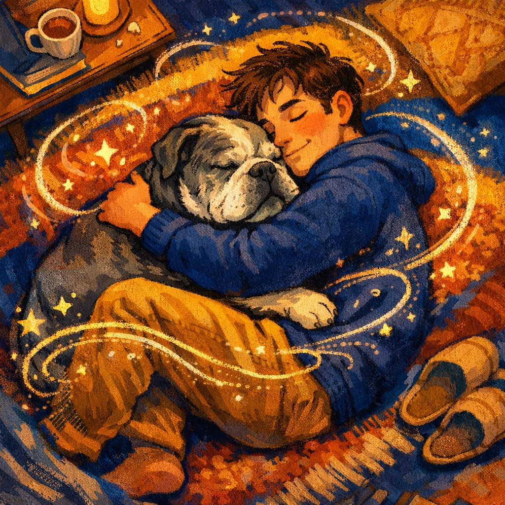 A man and his adopted senior bulldog resting together, showcasing the bond of a forever home.