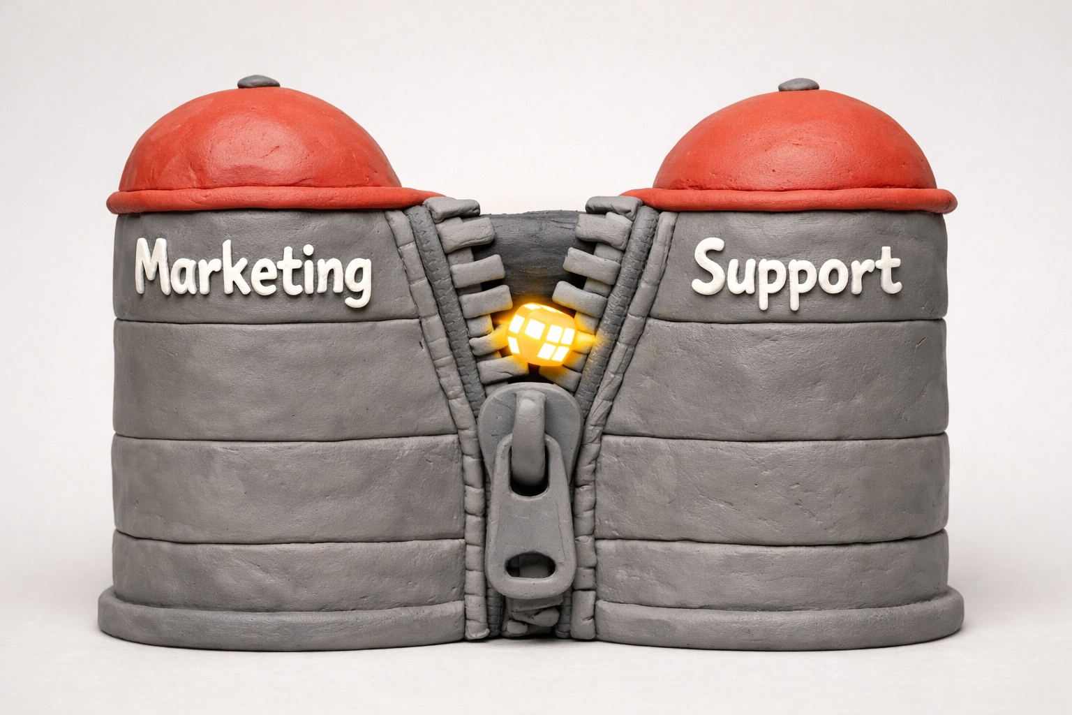 Claymation: two labeled clay silos with a stuck zipper; a tiny glowing data packet tries to squeeze through.