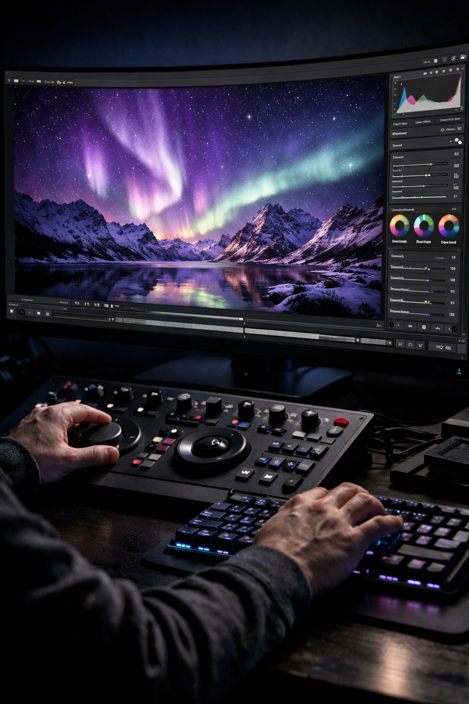 Hands editing a landscape photo using Luminar software and professional photo editing tutorials.