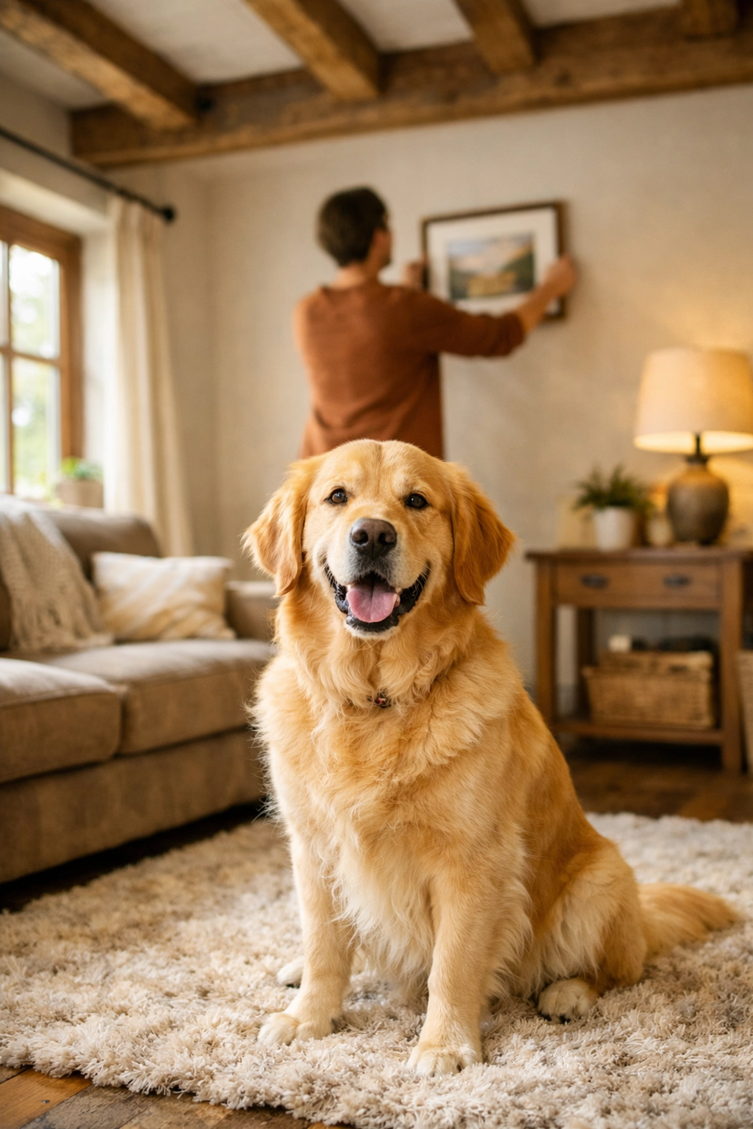 A happy dog in a pet-friendly South Gloucestershire rental property with rustic character.