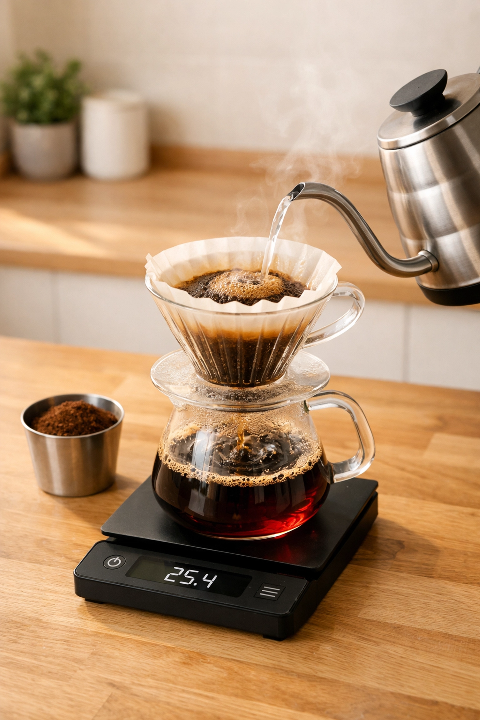 A pour-over coffee brewing setup with a V60 dripper and digital scale on a kitchen counter.