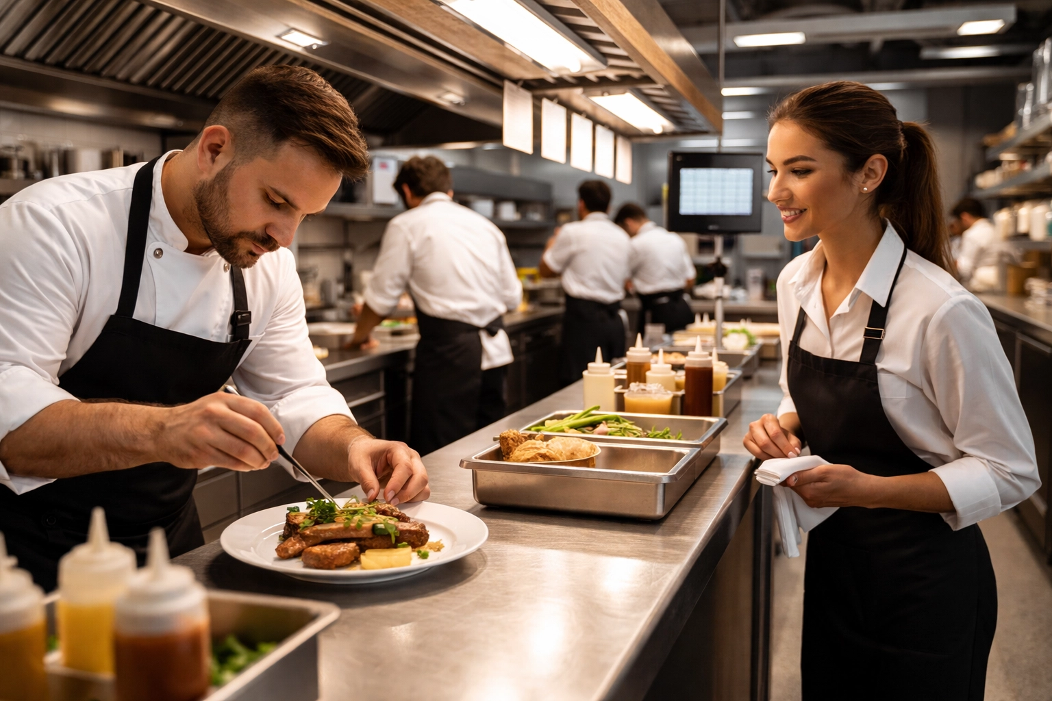 Busy restaurant kitchen team working efficiently during service, showcasing labor optimization in restaurant consulting