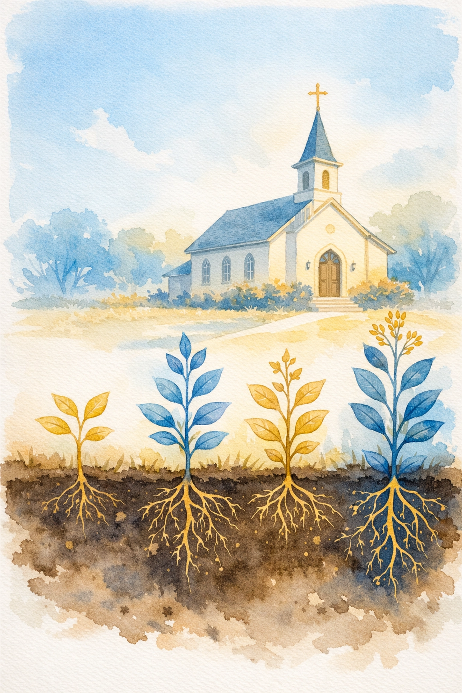 Healthy church culture illustrated as plants with strong roots growing from rich soil