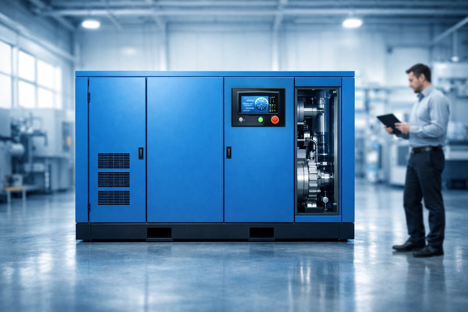 Oil-free PMV screw air compressor unit in a clean-room facility for pharmaceutical grade air production