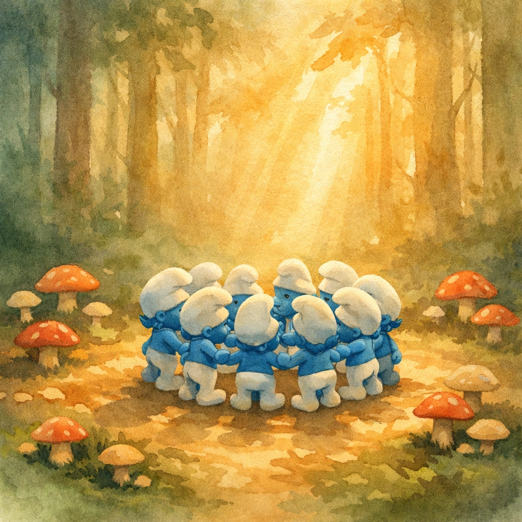 Smurfs standing together in forest showing community and friendship themes in Christian movie review