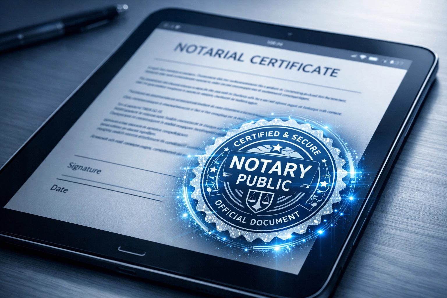 Digital notary seal on electronic document showing tamper-proof certification