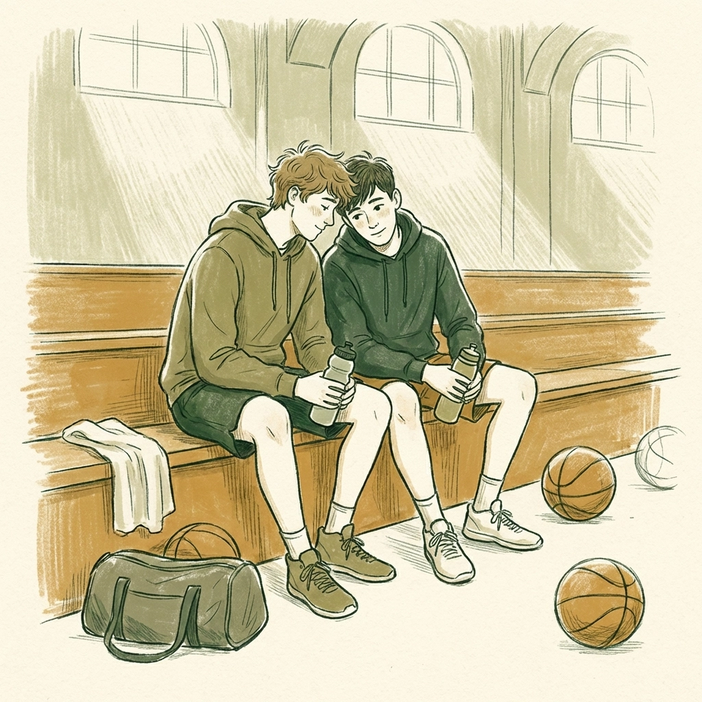 Two teenage boys sharing intimate moment on gym bleachers after basketball practice