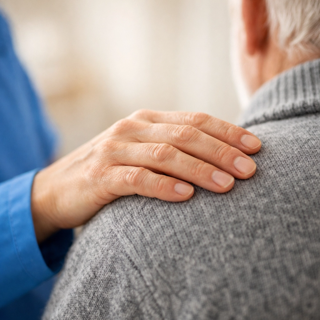 A caregiver’s hand on a veteran’s shoulder symbolizing trust and compassionate respite care support.