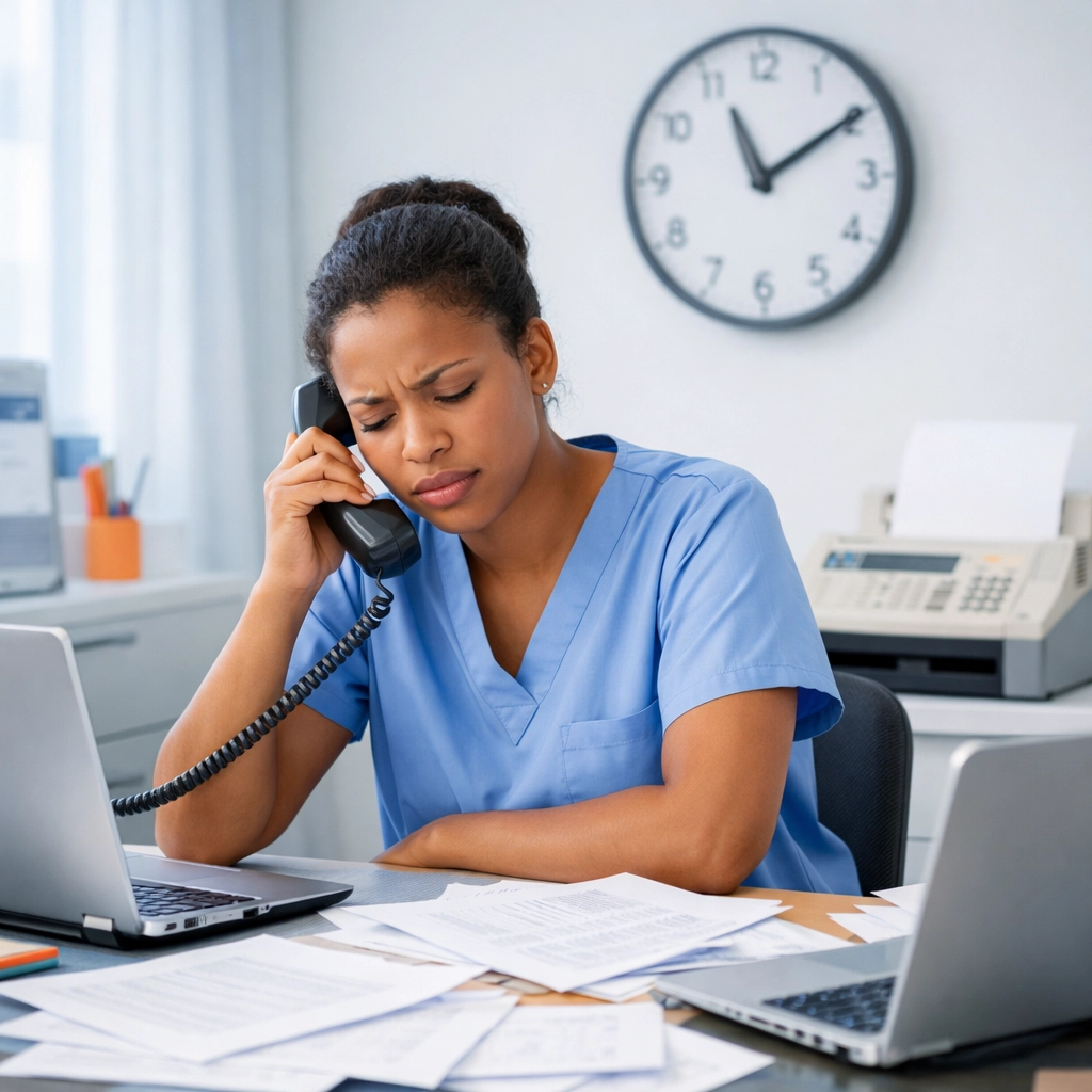 Frustrated nurse surrounded by paperwork and fax machine showing archaic healthcare credentialing process