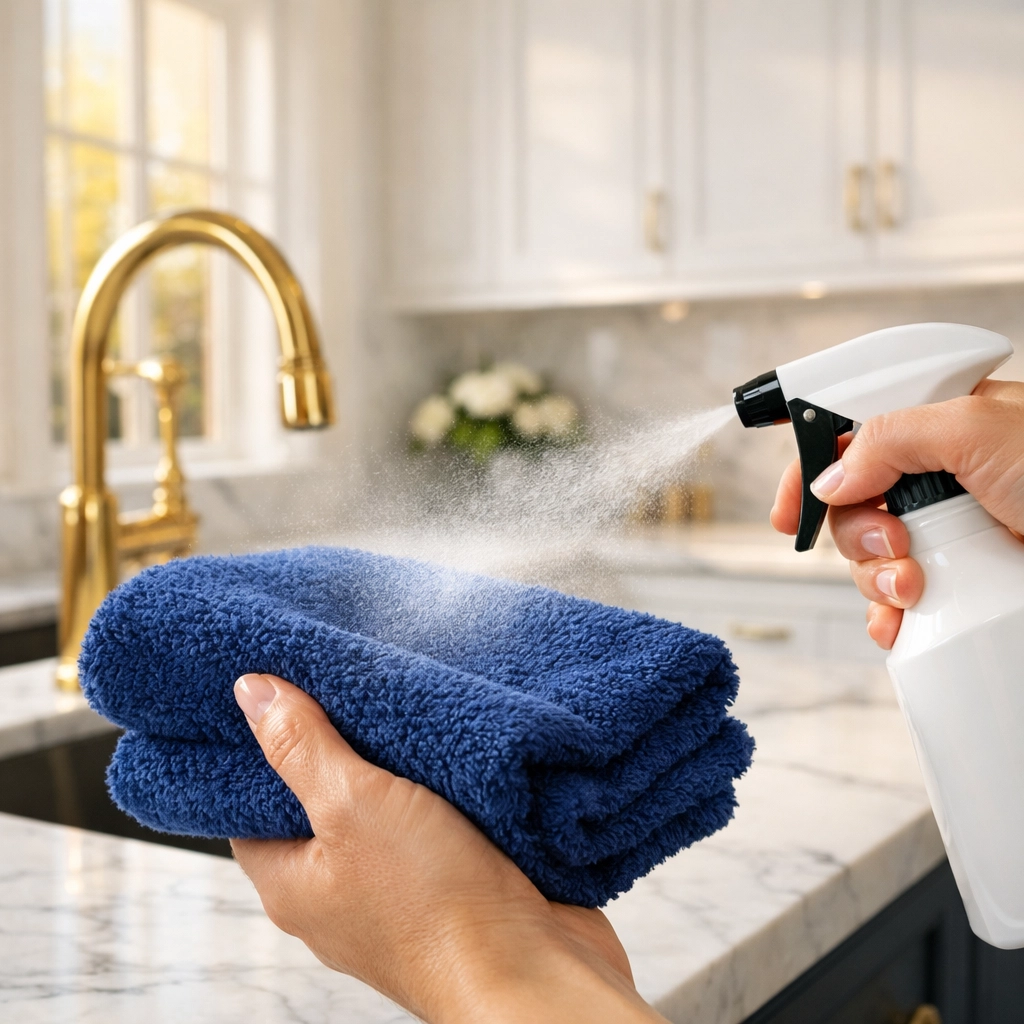 Professional cleaner spraying a blue microfiber cloth for streak-free Easton Home Cleaning on marble counters.