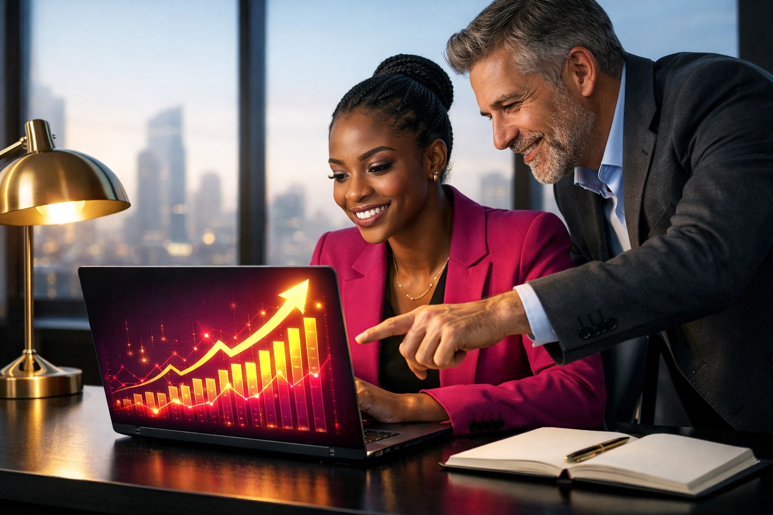A young entrepreneur and mentor reviewing financial growth data on a laptop in a modern office.