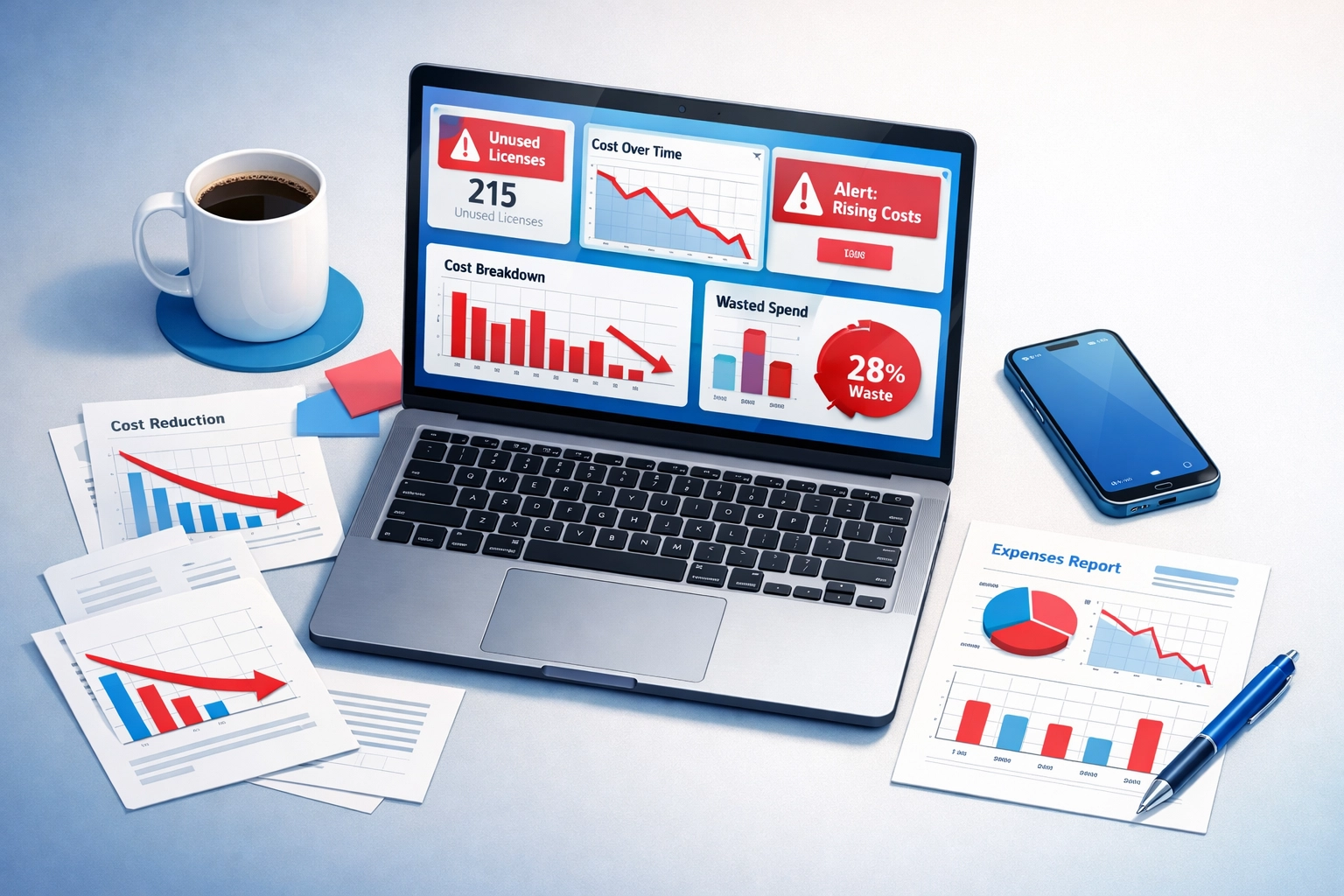 ServiceNow license analytics dashboard showing ITOM and ITAM overspend metrics and cost reduction opportunities