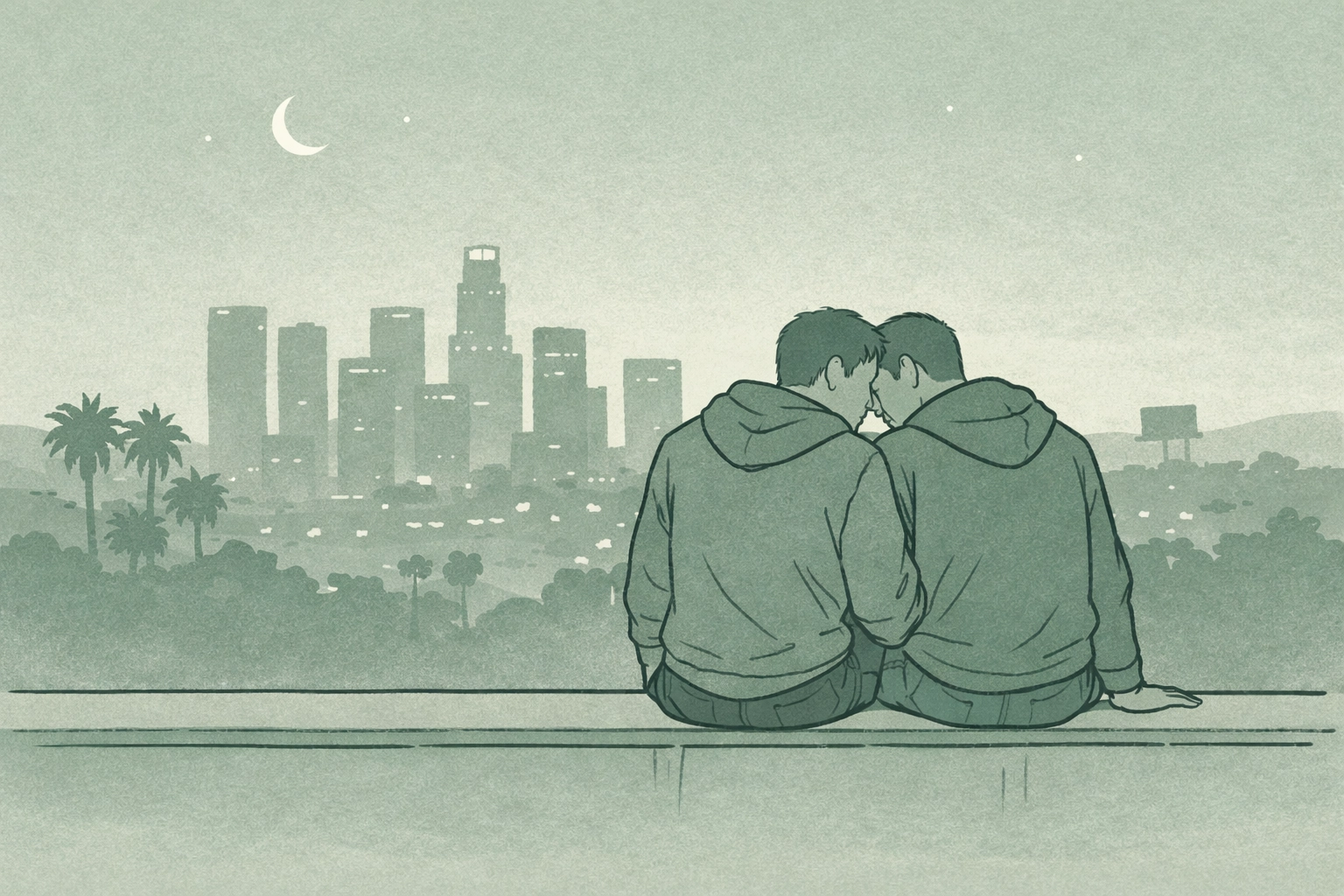 Two men in intimate rooftop conversation above LA, building emotional connection in MM romance