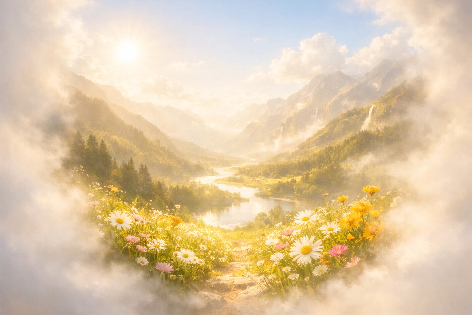 A peaceful valley bathed in golden light representing the soul's transition into paradise with Jesus.