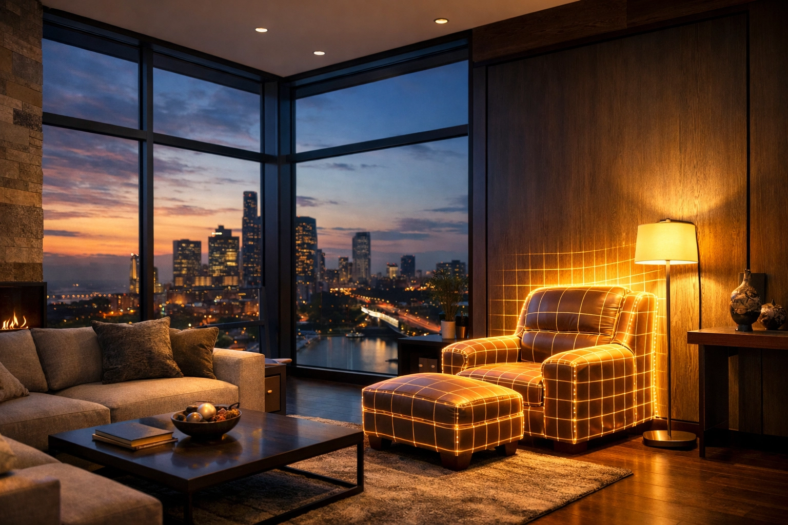 Interior photo showing Relight AI naturally brightening shadows in a modern luxury living room.