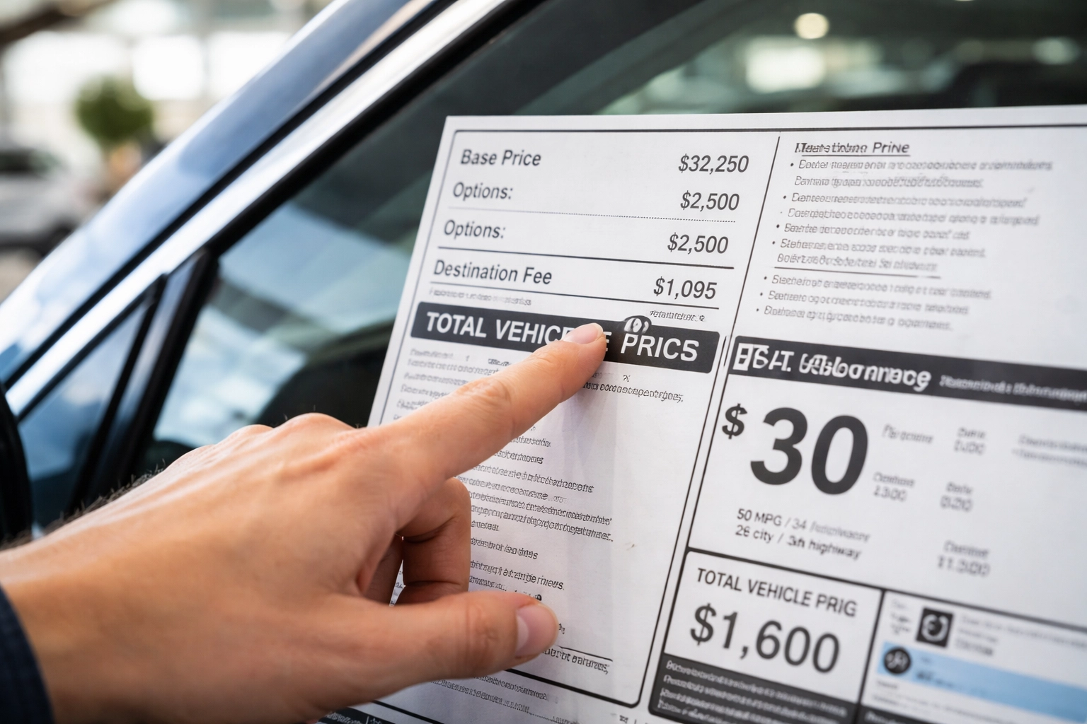 Customer pointing to destination fee on new car window sticker in dealership, highlighting Monroney label details