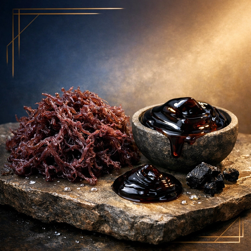 Raw sea moss and shilajit resin displaying natural mineral-dense supplement sources