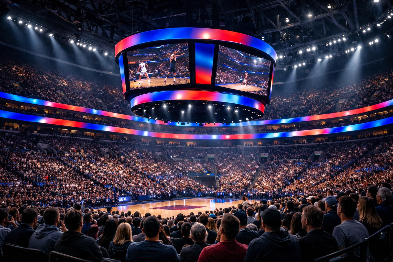 Digital ribbon boards and venue-based media in a sports arena showcasing Sportrons advertising solutions.