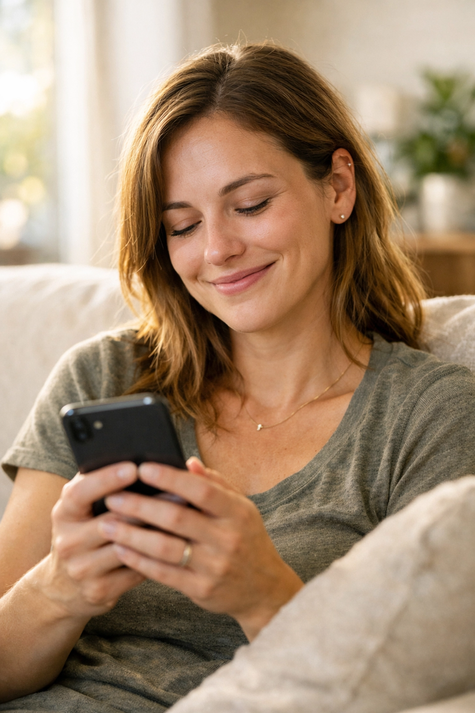Woman relieved checking phone after instant approval for bad credit loans Canada