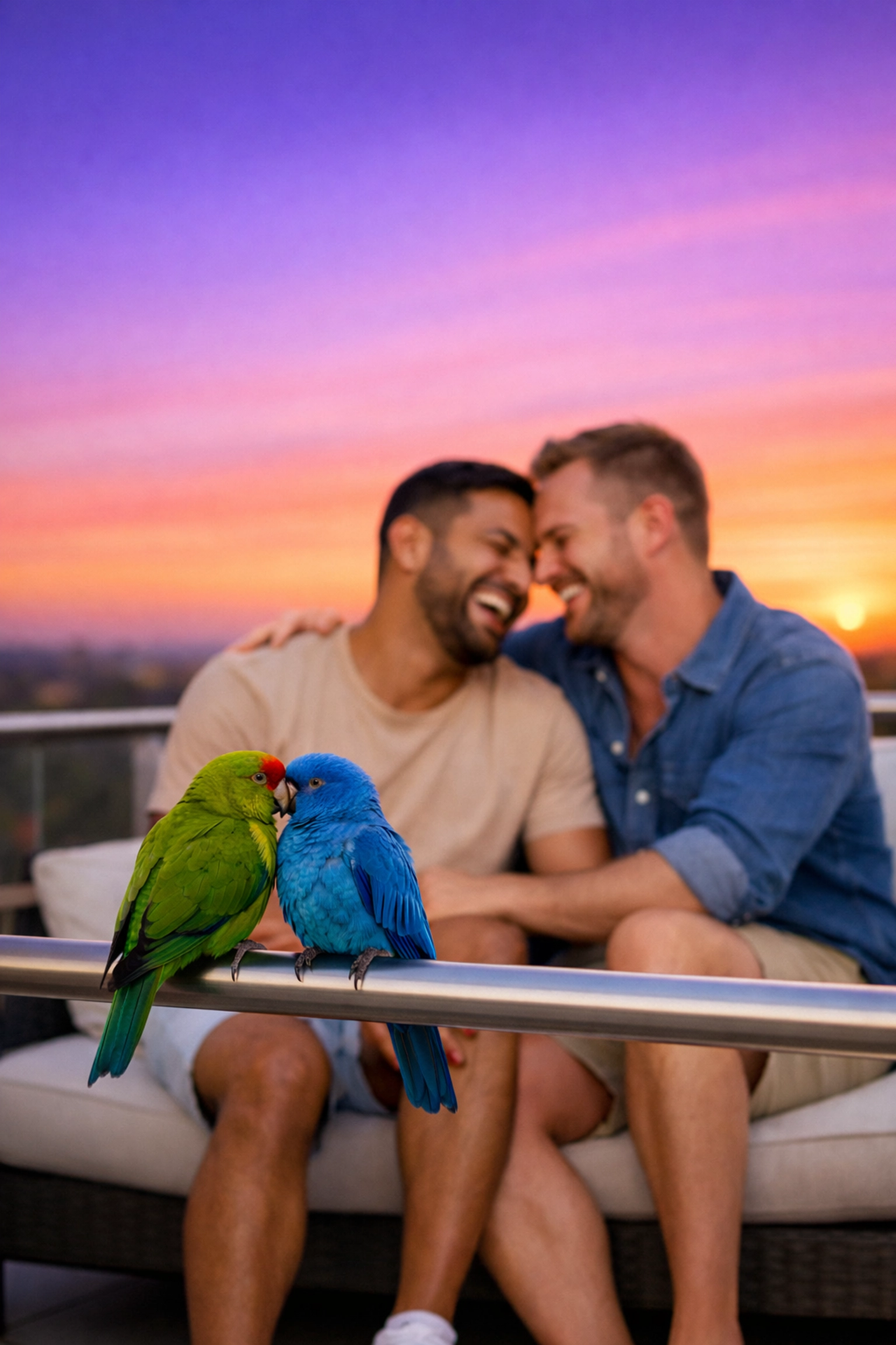 A gay couple sitting with their bonded male parrots, representing the spectrum of LGBTQ+ love and loyalty.