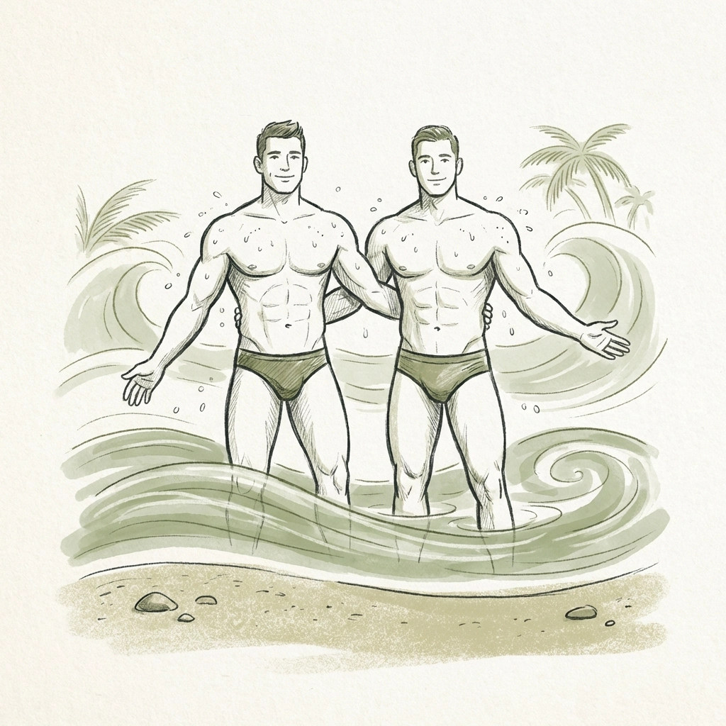 Male couple emerging from ocean at Brazilian gay nudist beach celebrating natural body beauty