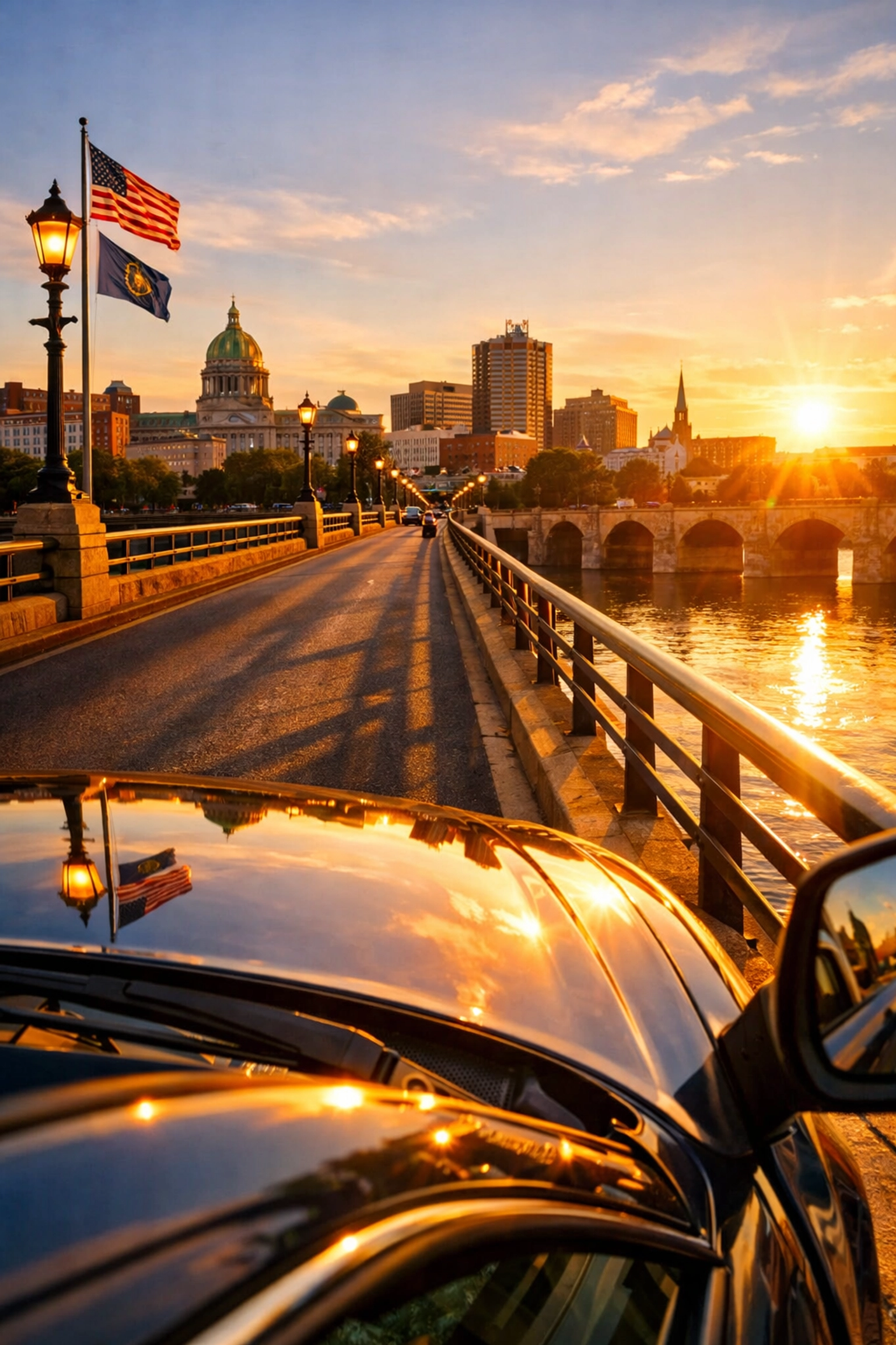 Vehicle driving toward Harrisburg, PA, symbolizing car reliability and peace of mind.