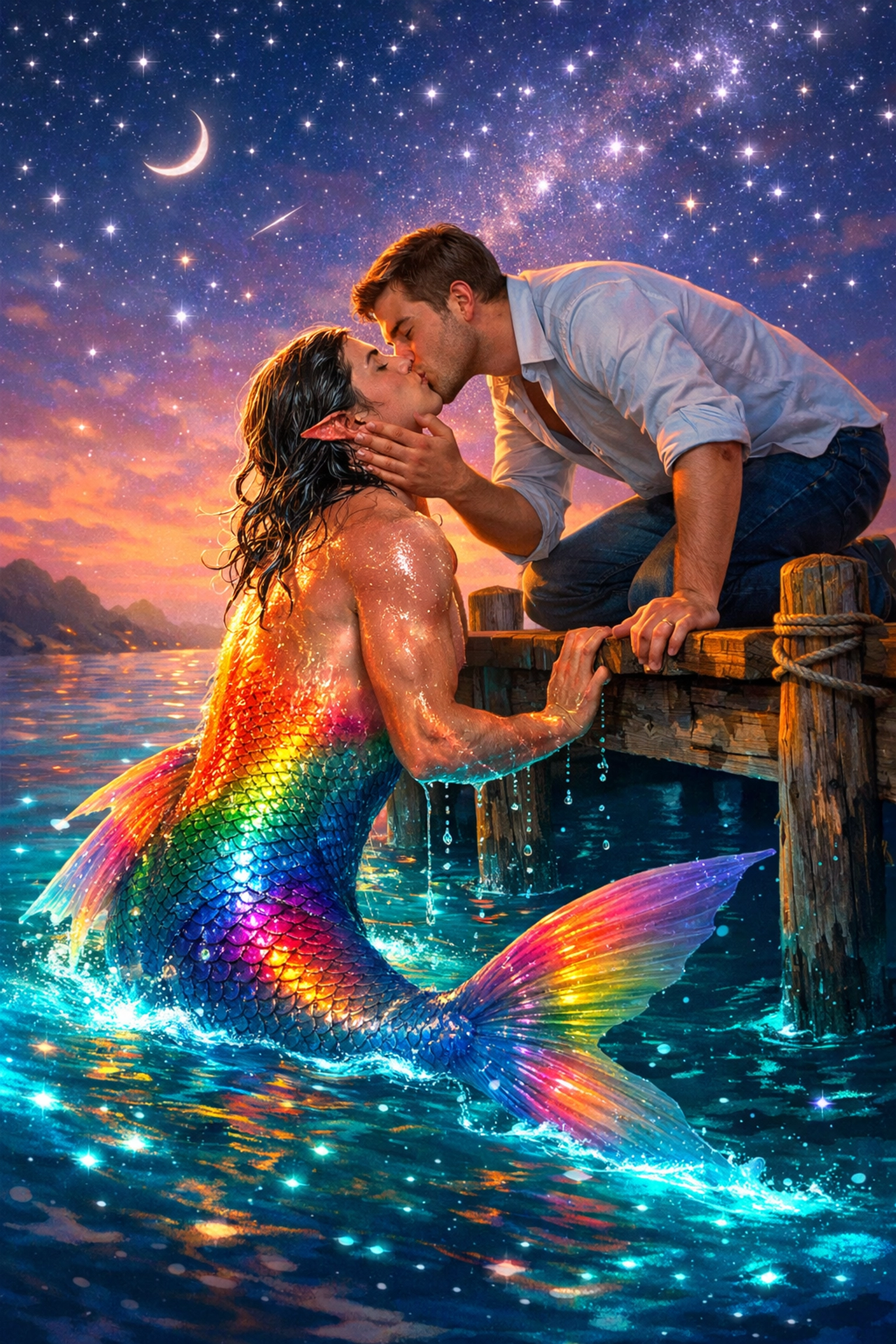 A merman and a man sharing a romantic kiss on a pier, showcasing a modern happy ending for queer fiction and fairy tales.