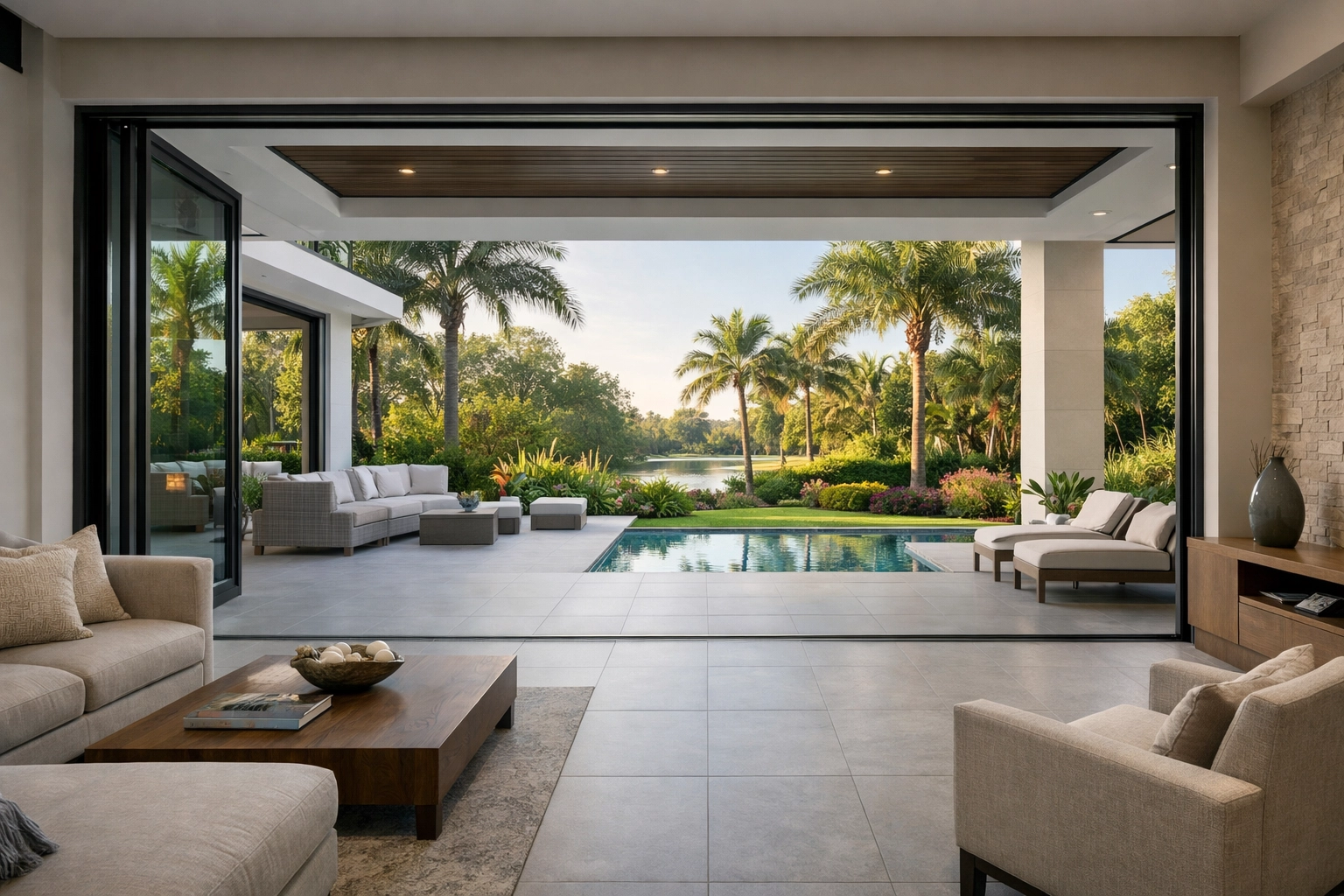 Orlando floor remodeling showing a seamless transition from modern living room to a sunny outdoor lanai.