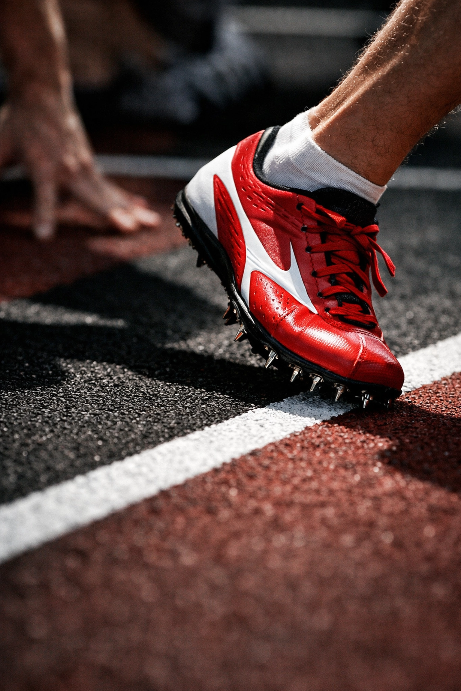 Close-up of athlete's foot at starting line showing preventable mistake during competition