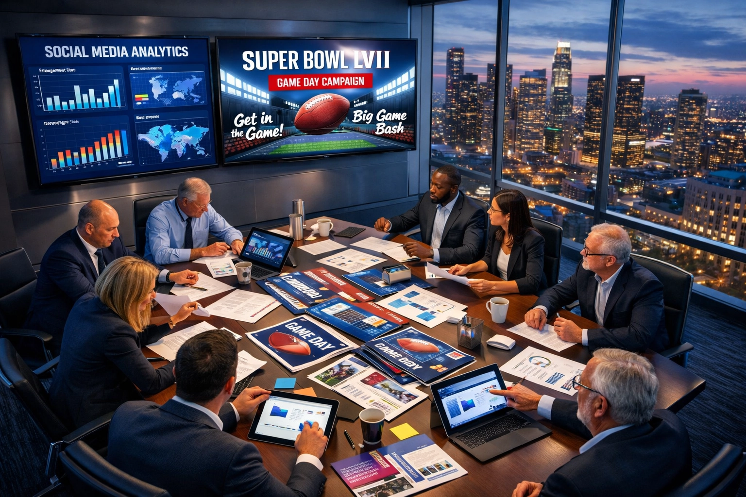 The Executive's Guide to Super Bowl Brand Activation: Turning Game Day Into Your Biggest ROI Win Executives planning Super Bowl brand activation strategy in modern corporate war room