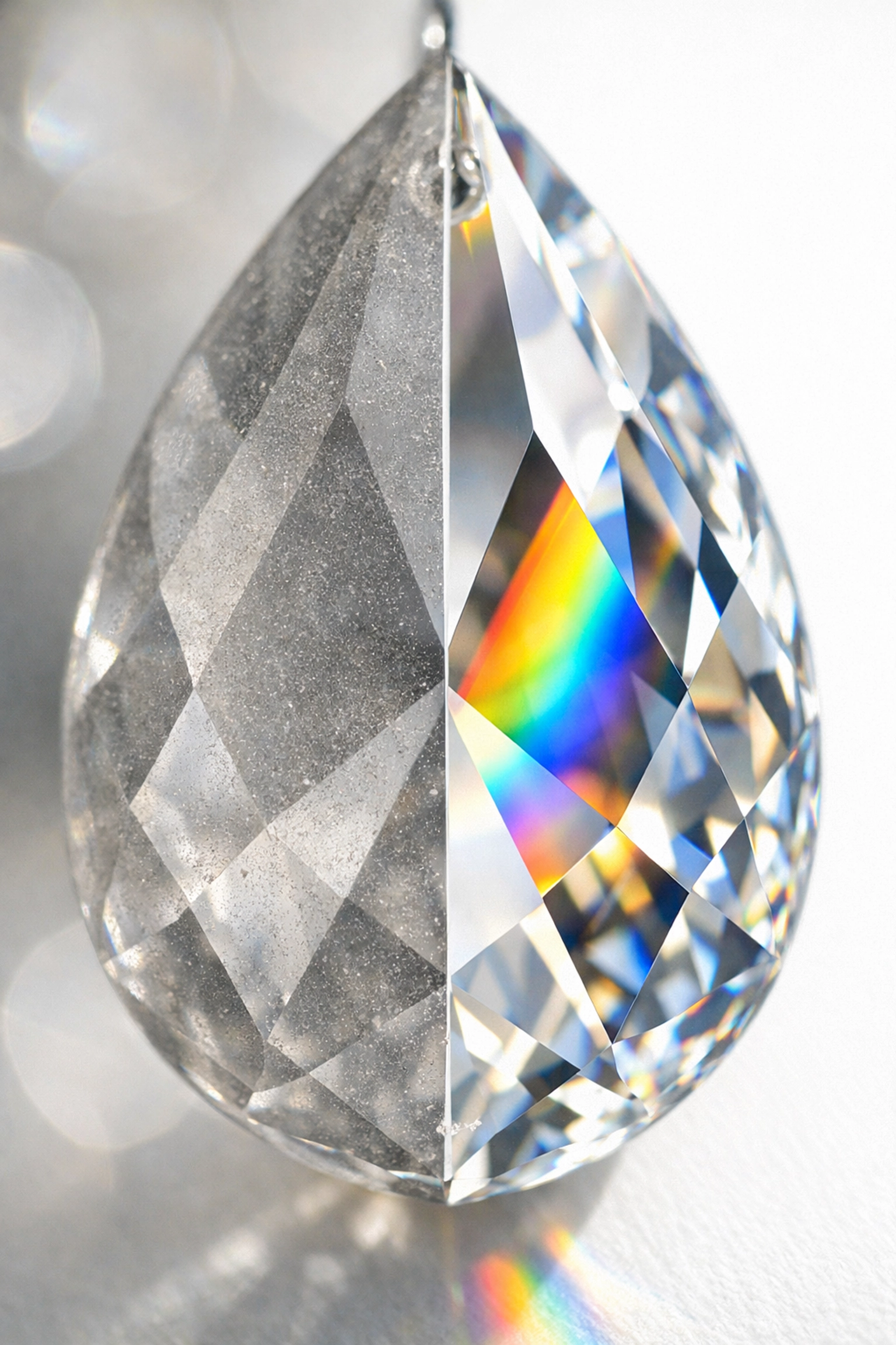 Side-by-side comparison of a dusty chandelier crystal and a professionally polished crystal prism.