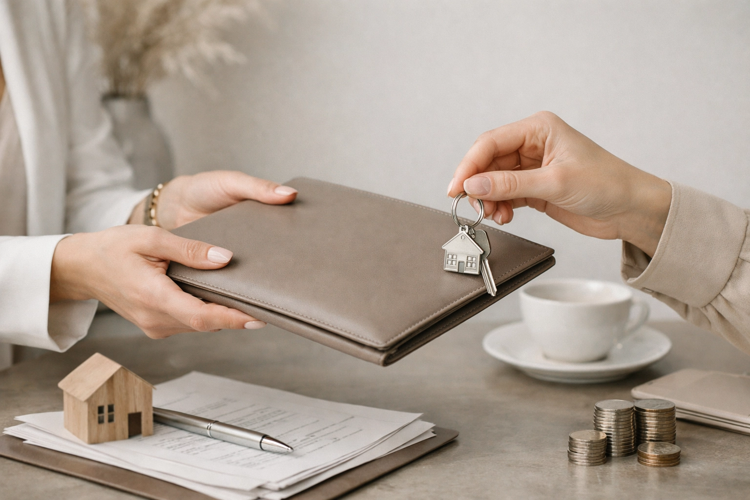 Close-up of hands exchanging a contract folder and keys on a modern table