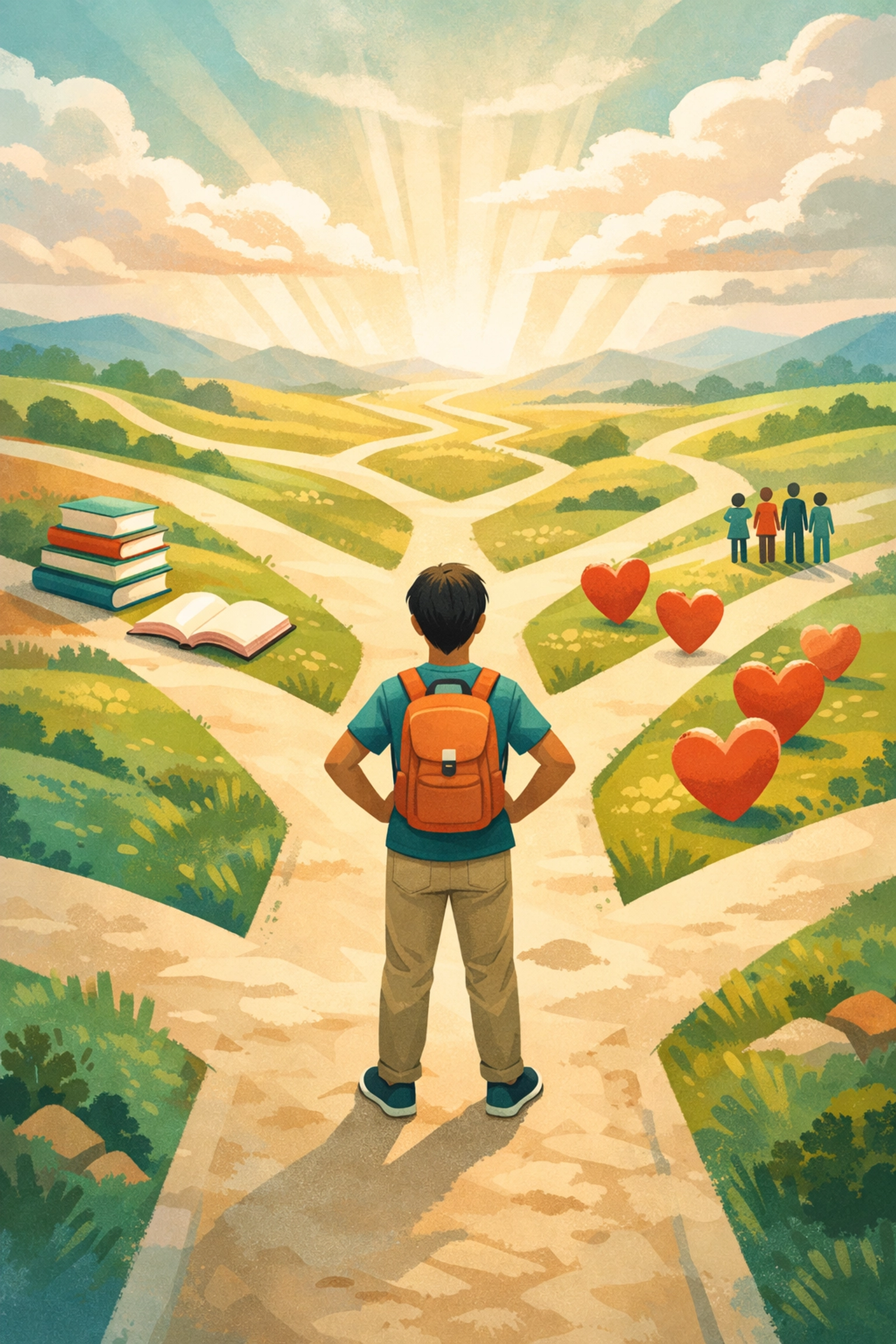 Young person at crossroads with multiple paths representing faith-guided life decisions