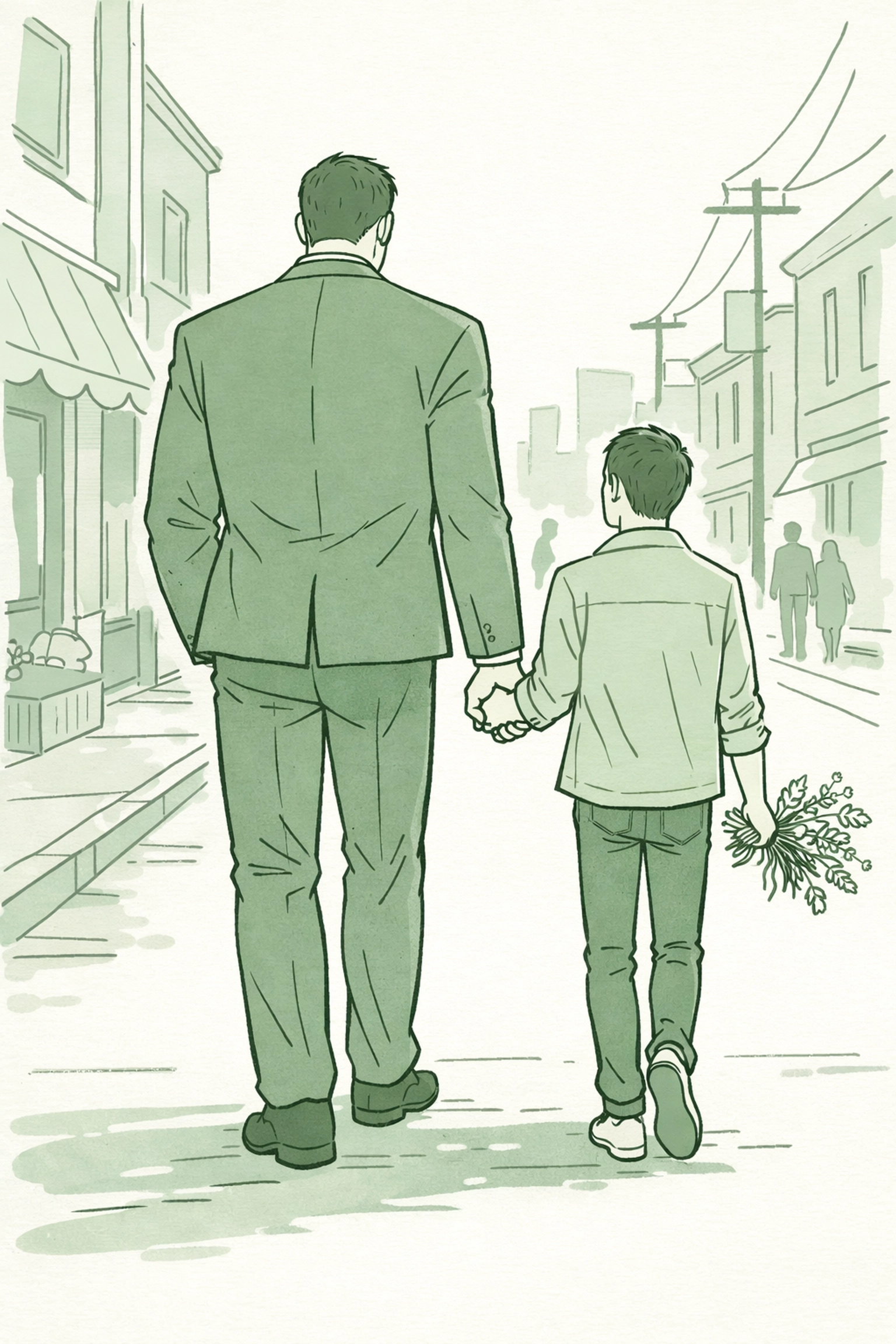 Tall businessman and short florist holding hands walking city street in MM romance size difference
