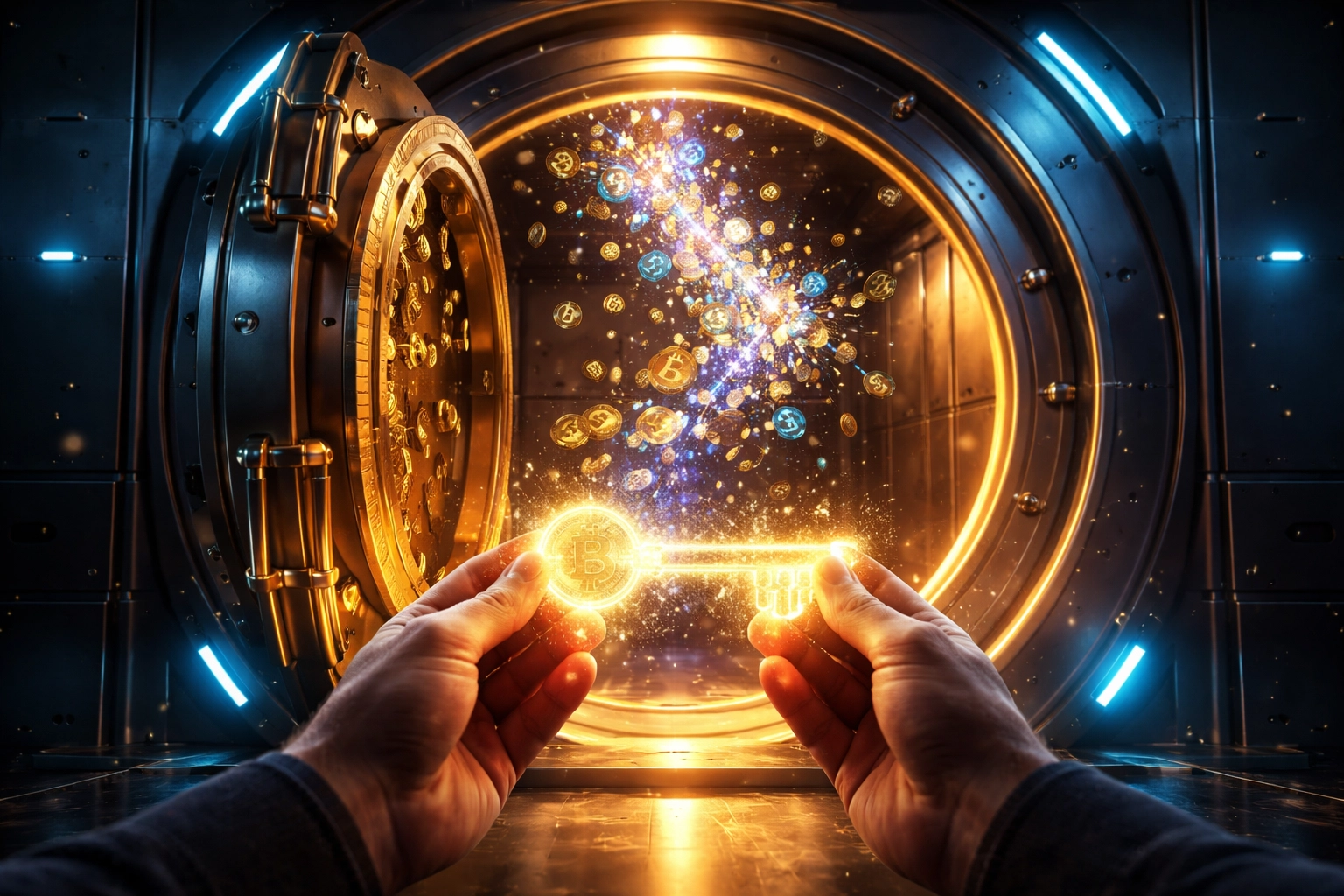 Open vault with digital key and crypto coins symbolizes Larecoin’s secure self-custody and control for merchants