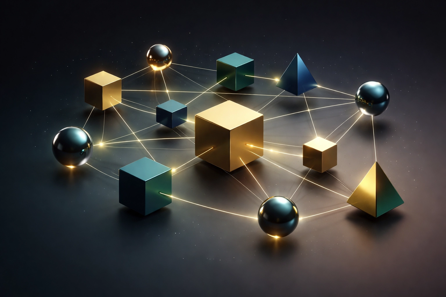 Interconnected geometric shapes floating in space, representing harmonious and well-structured portfolio allocation.