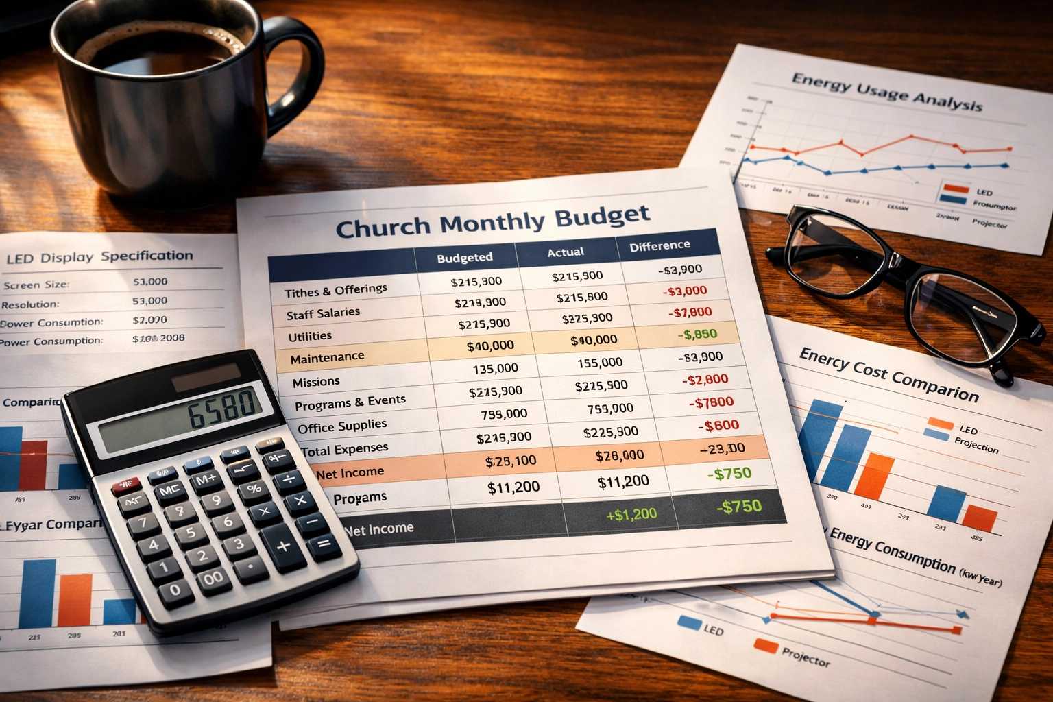 Church budget spreadsheet comparing LED wall costs and energy consumption for smaller congregations