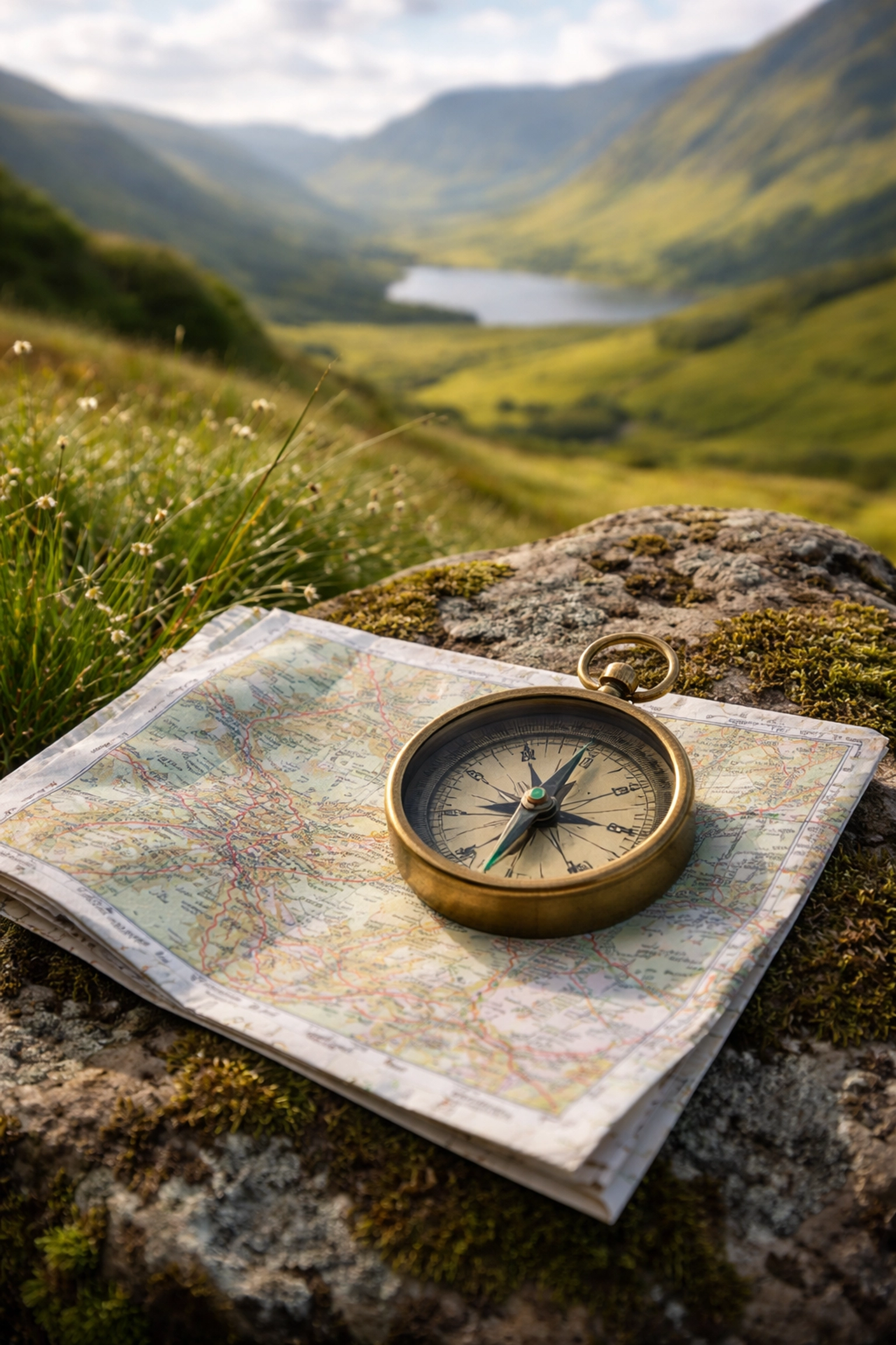 Compass and Ordnance Survey map on mossy rock for wild navigation in the UK Lake District.