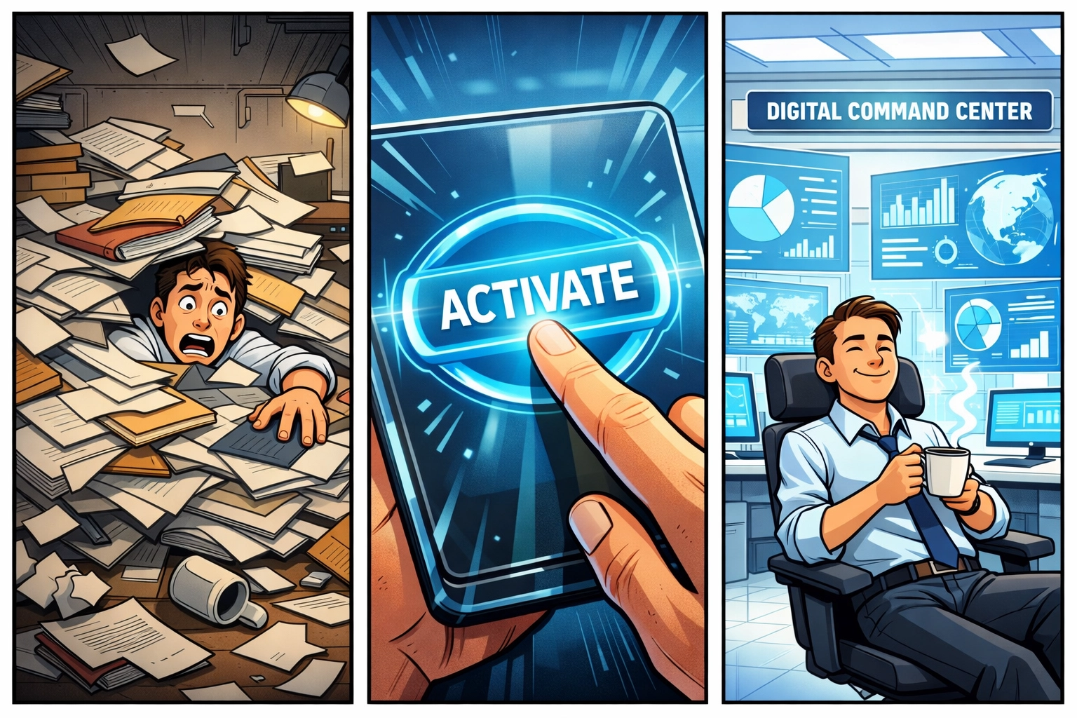 Comic strip showing a business owner switching from paper checks to automated ACH payment processing.